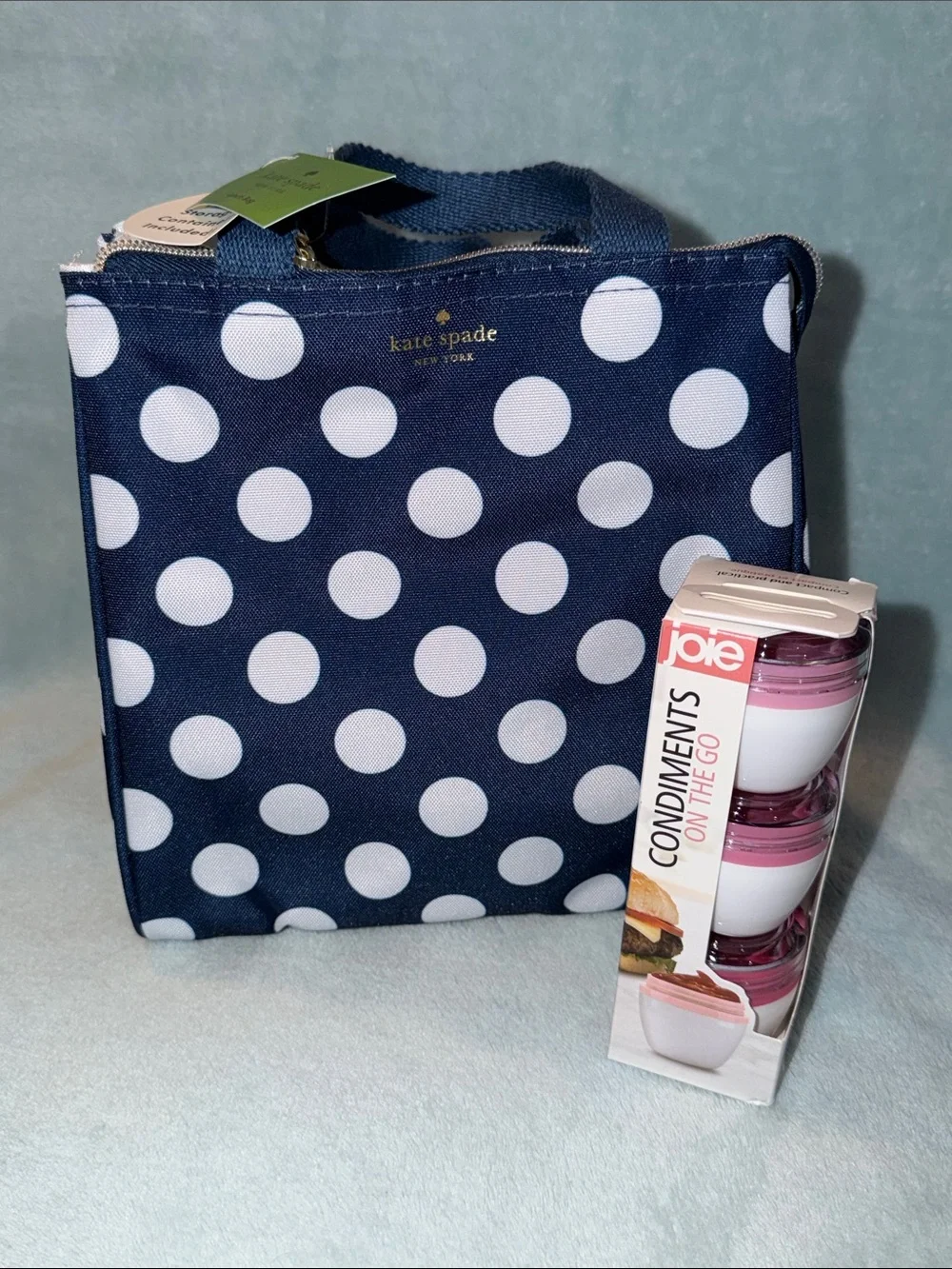 kate spade navy and white polka dot lunch bag & 3 pc. condiments containers